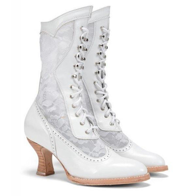 British Style Lace-paneled Boots With Front Lace-up