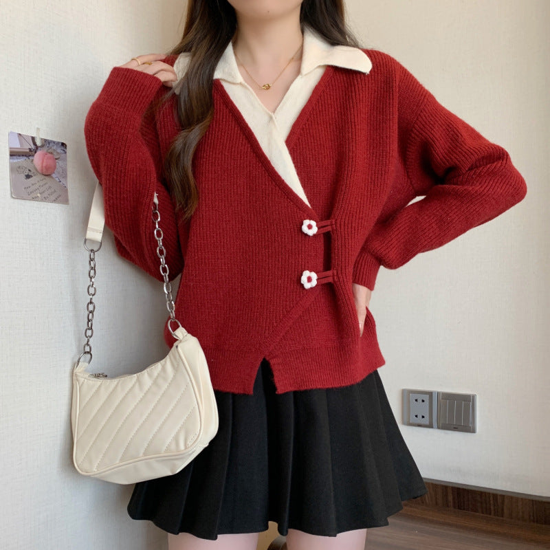 Chinese Style Red Irregular Sweater Coat For Women