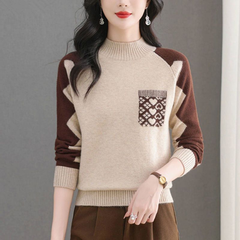 New FallWinter Half-High Round-Neck Colorblock Knit Sweater