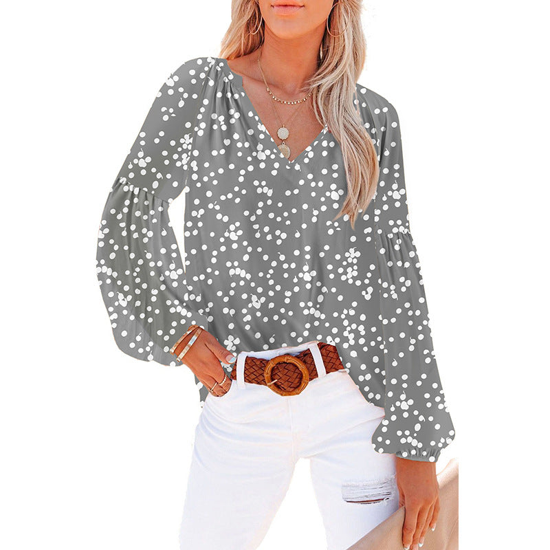 Dames Floral Chiffon Skjorte Løs V-hals Casual Top