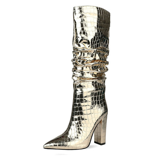 Metal Stone Pattern Thick High-heeled Stovepipe Plus Size Women's Mid-boot Boots