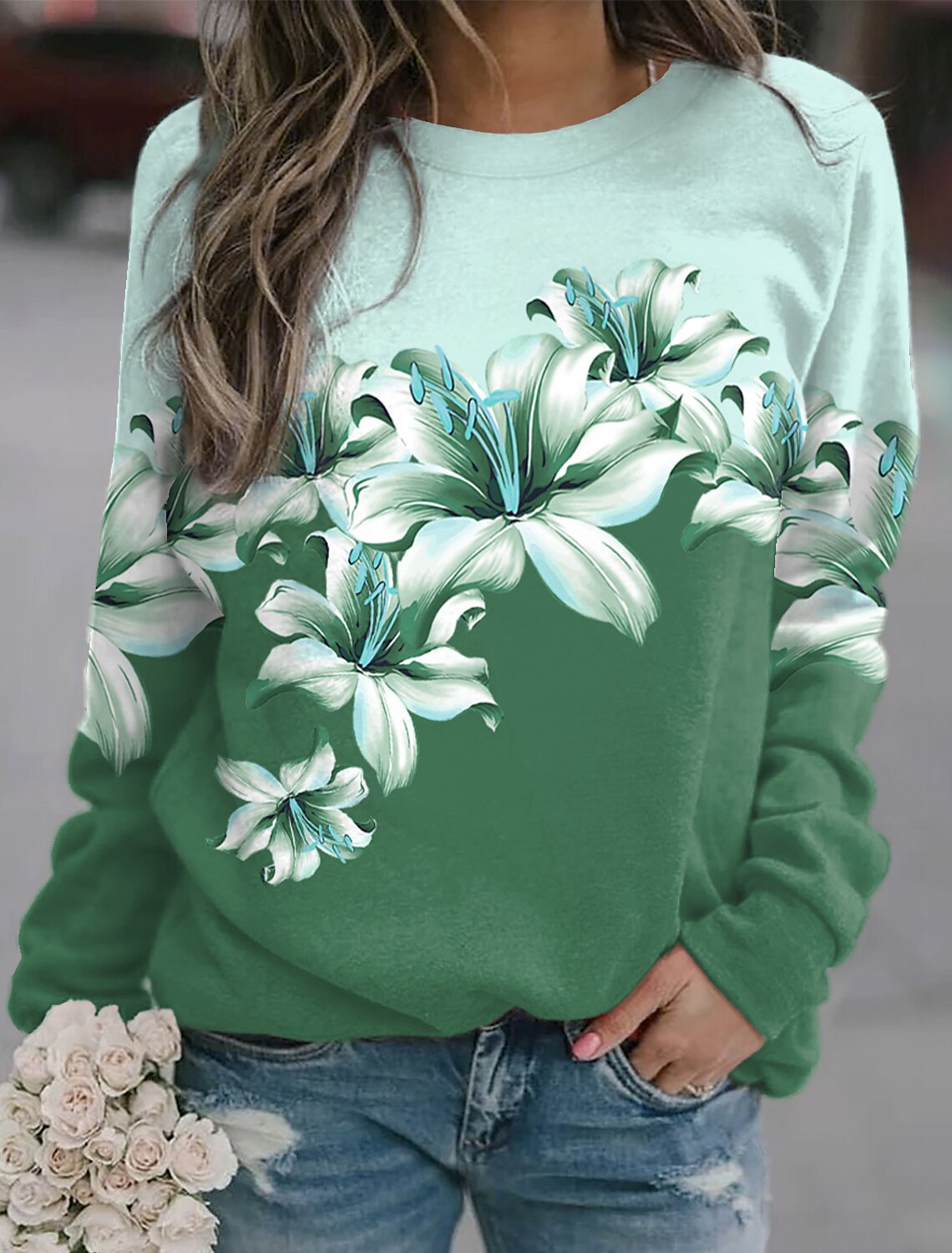Dame pullover, printet, sport, rund hals, lange ærmer