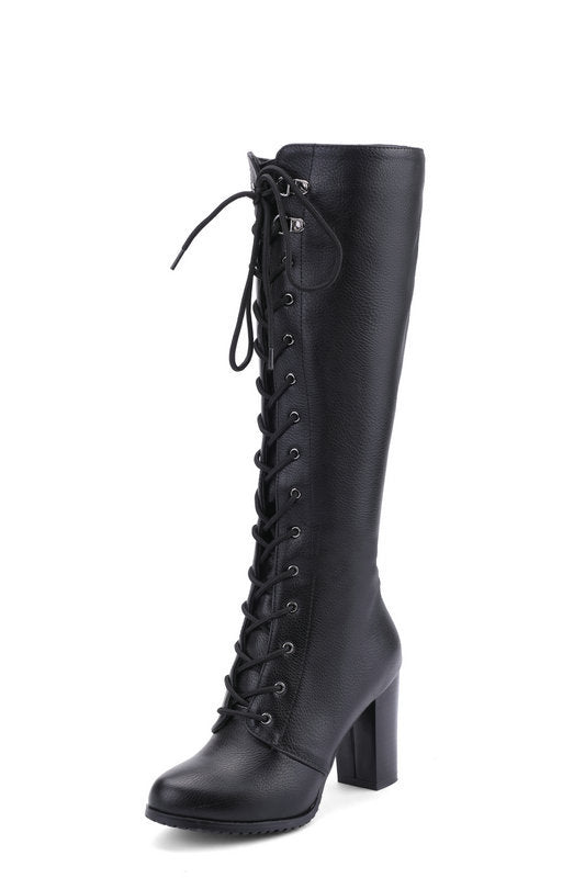Women's High Boots Foreign Trade Thick High Heel Winter New European And American Women's Boots Front Lace Handsome Suede Knight Boots Motorcycle Boots