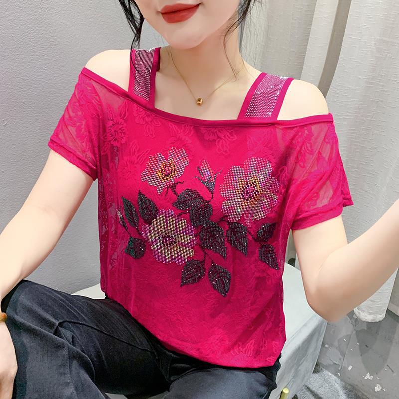 Lace Off-the-shoulder Rhinestone Top