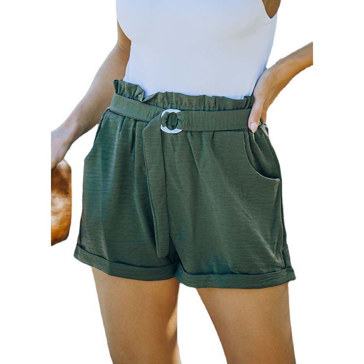Lace-up Pocket Solid Color High-waist Casual Shorts Women