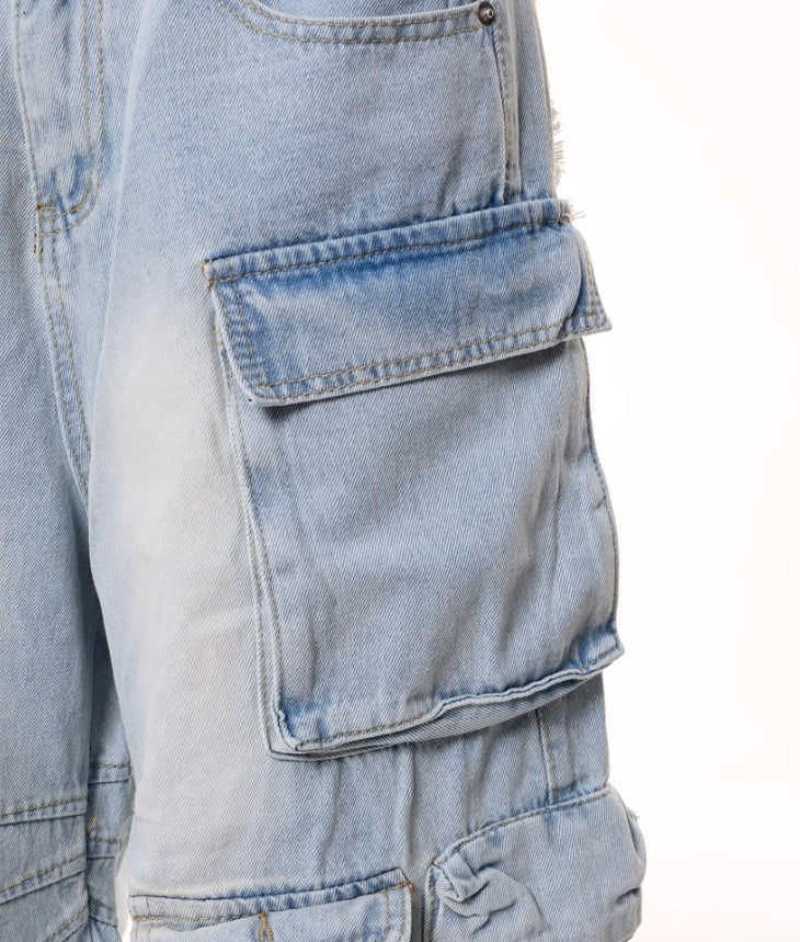 Retro Multi-pocket Denim Cargo Pants Shorts Women's Summer Loose Washed-out