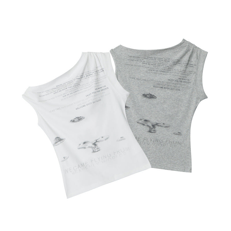 Hot Girl Irregular Shoulder Design T-shirt Heart Women's Short