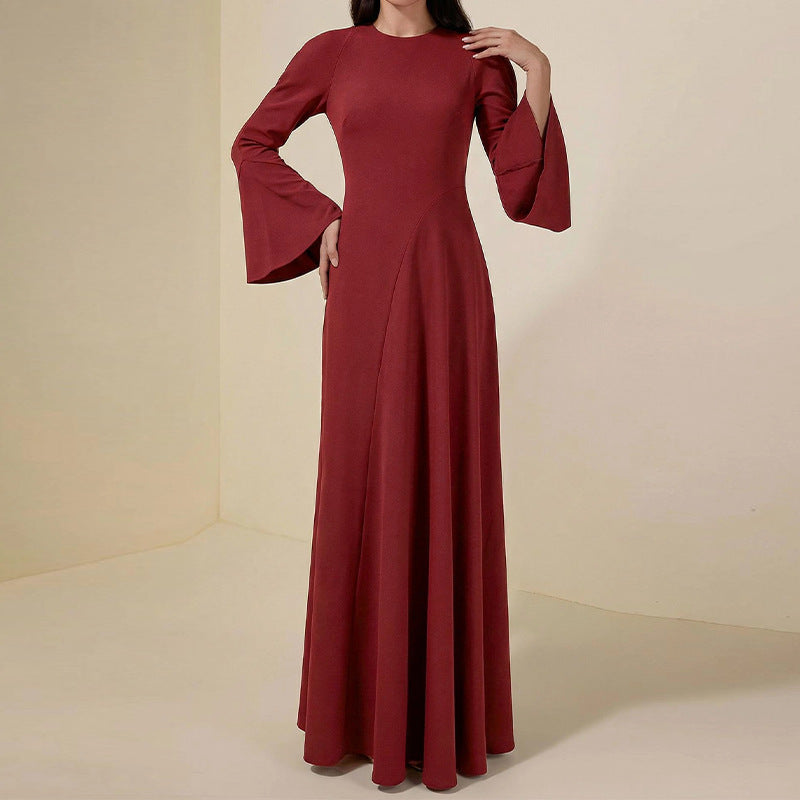 Round-neck Long-sleeve Minimalist Red Maxi Dress With A Fitted Waist And Panel Detailing