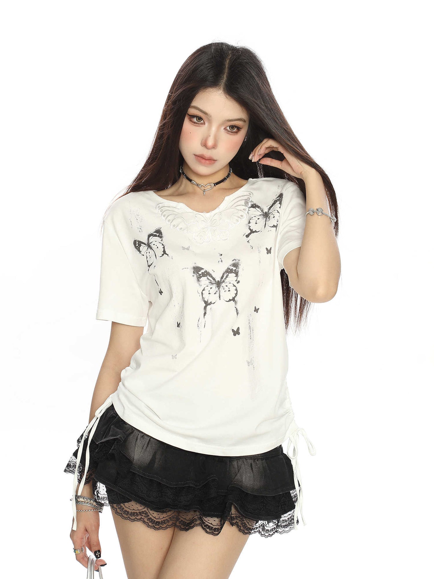 Korean Style Shoulder Ink Butterfly Print Short Sleeve