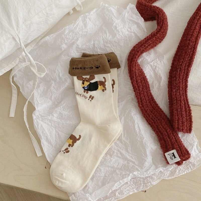 Autumn And Winter Puppy Embroidery Tube Socks Flanging Cartoon Sausage Dog Vertical Bar Bunching Socks