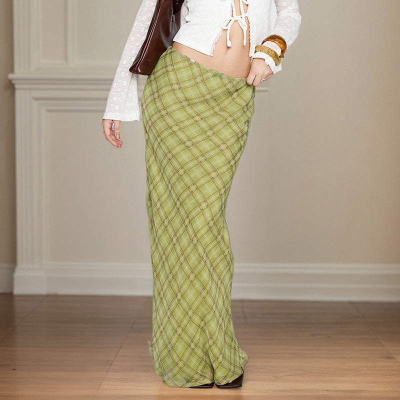 Green Plaid Contrasting Slim Fit Skirt