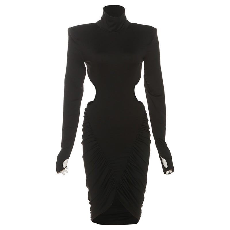 New Autumn High-Neck Pleated Bodycon Long-Sleeve Dress