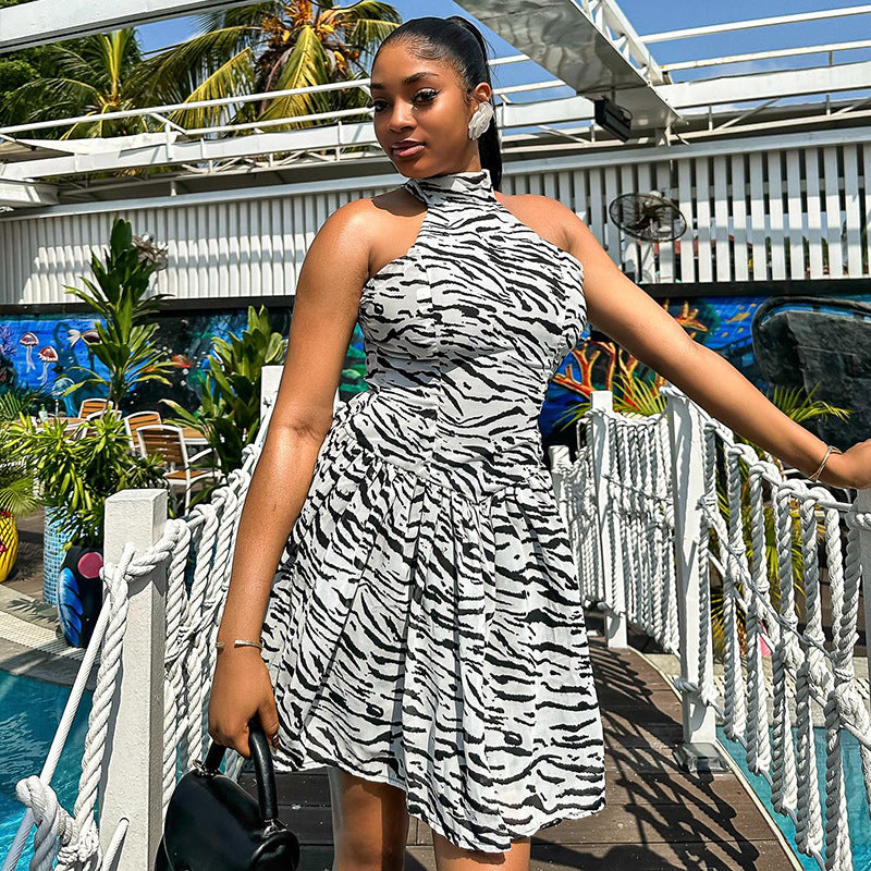 Necktie Button Printed Striped Sleeveless Dress