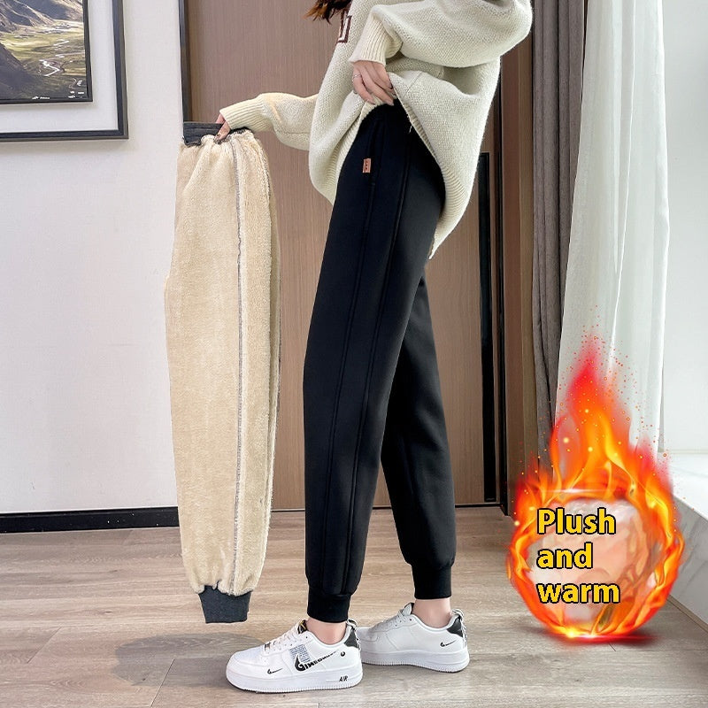 Winter New Fleece-lined Thickened High Waist Ankle-tied Harem Pants