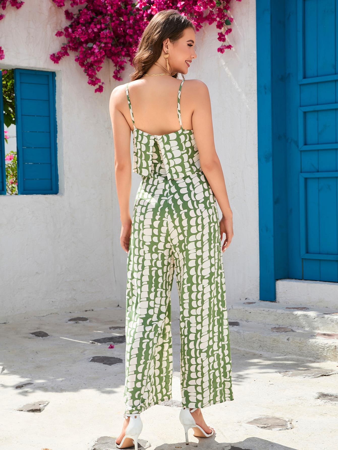 Sommer Rayon Printet Højtaljet Camisole Vide Ben Bukser Sanya Strandferie Kvinders Jumpsuit