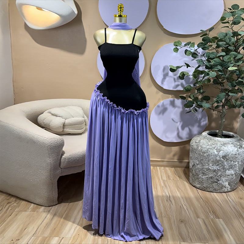 Sweet And Fresh Strap Spliced High-Waist Slimming A-Line Dress Long Dress