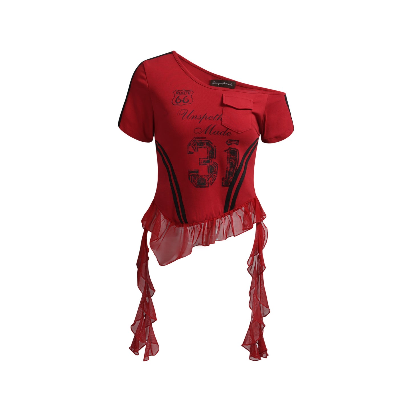 American Retro Irregular Mesh Shoulder Short Sleeve