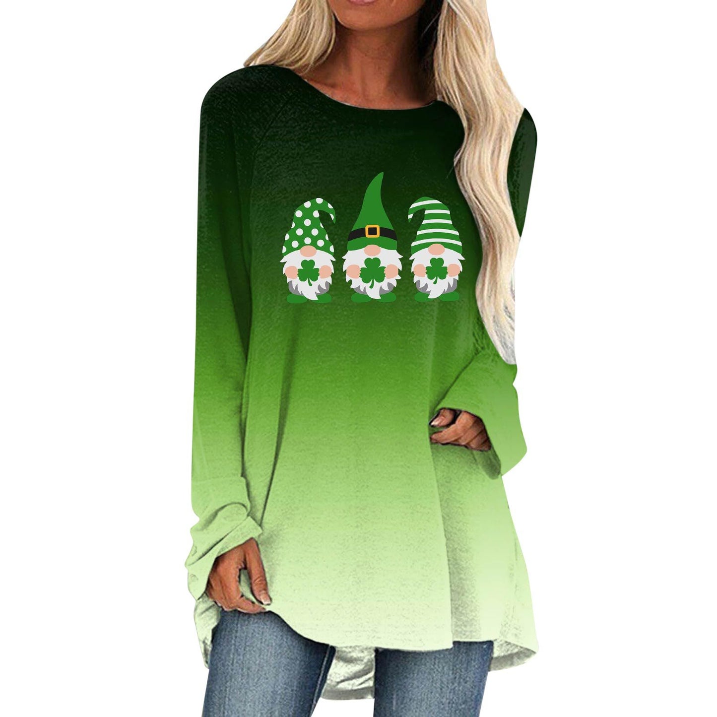Cotton Fabric Gradient Round Neck Long Sleeved Women's Clothing