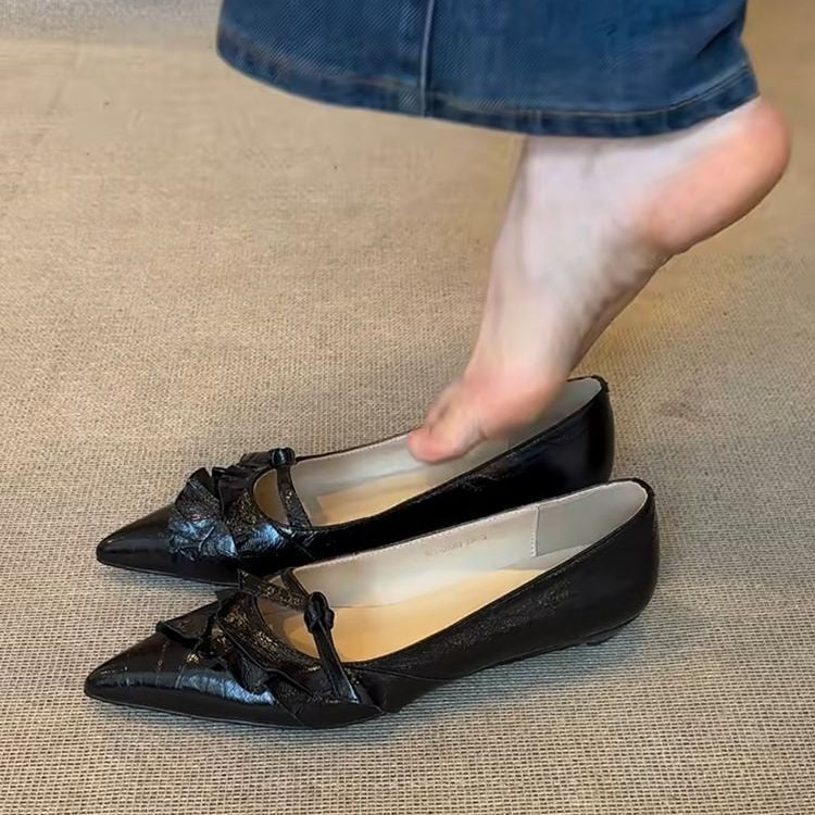 French Style Flats For Women, Pointed Toe Low Wedge Heel Elegant Versatile Bow Mary Jane Shoes