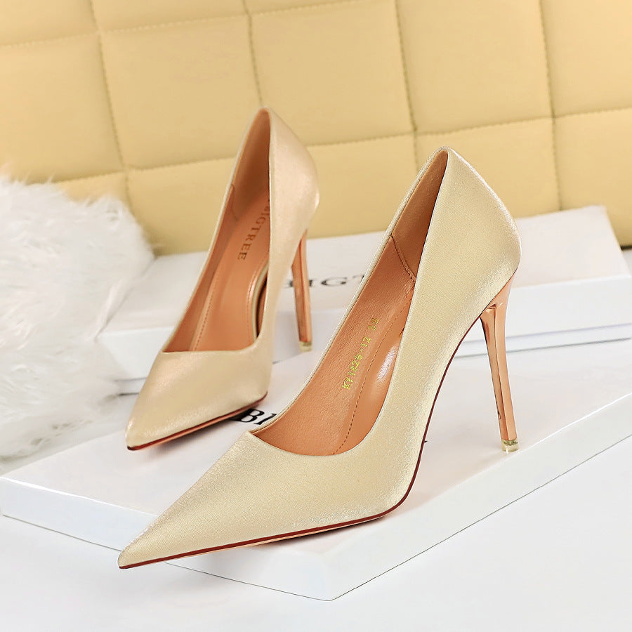European And American Style Sexy Thin-heeled Satin Shallow Pointed High Heels