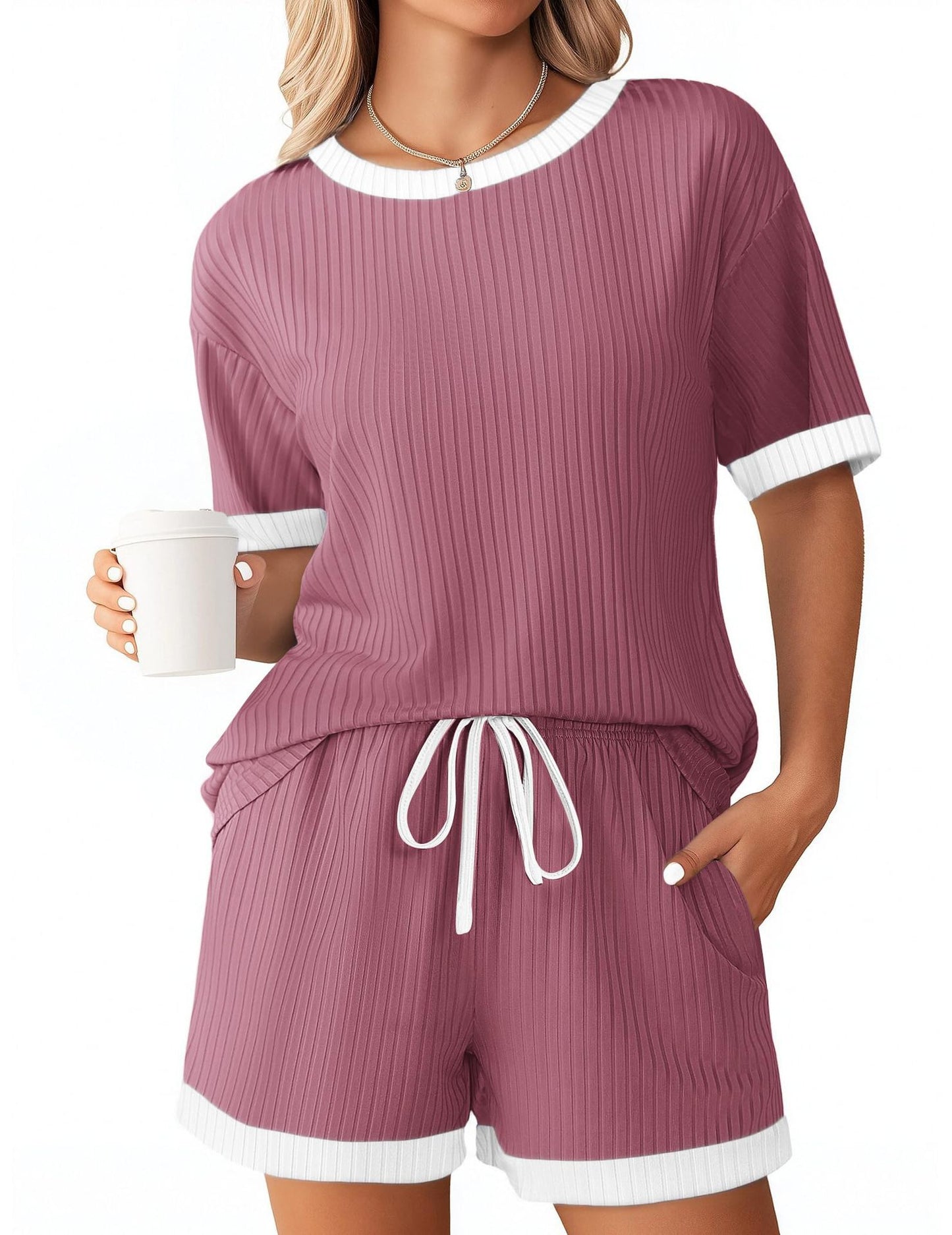 Solid-color Ribbed Patchwork Color-block Pajama Short-sleeve Loungewear Set