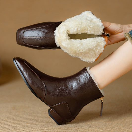 Women's Cowhide Square-toe Warm Fleece-lined Thick Wool Short Boots