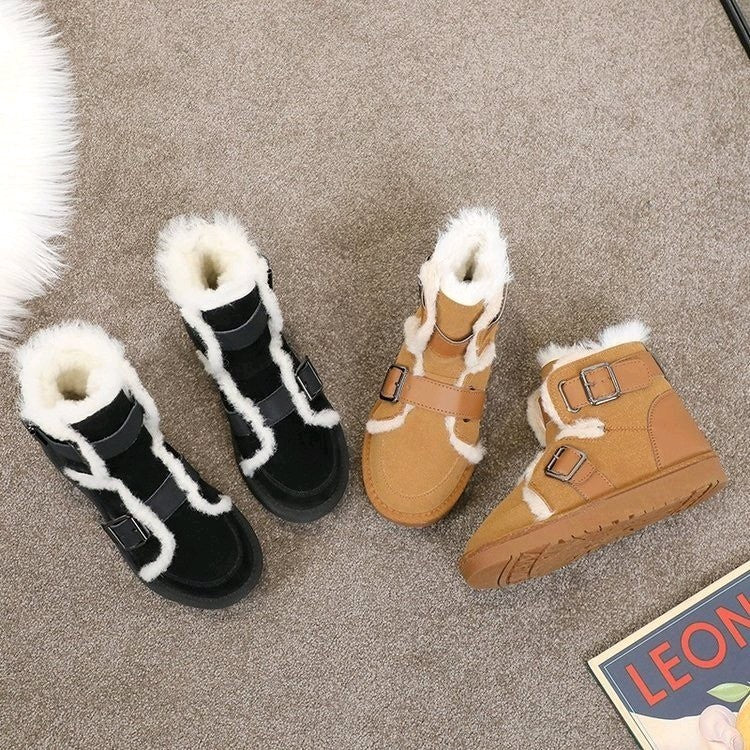 Female Fashion Belt Buckle Short Tube Velvet Martin Boots