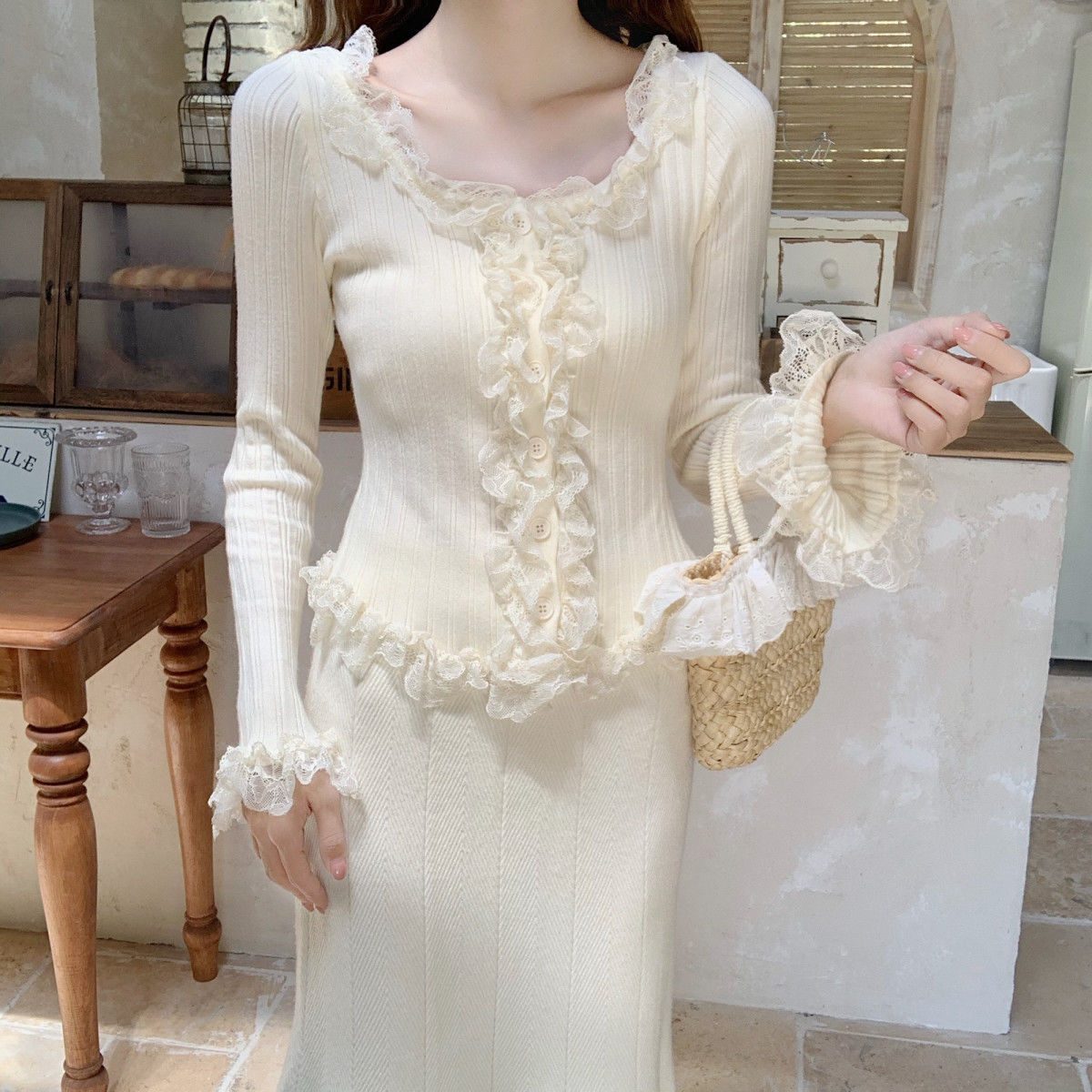 Women's Lace Patchwork Black Fungus Edge Knitted Cardigan Jacket