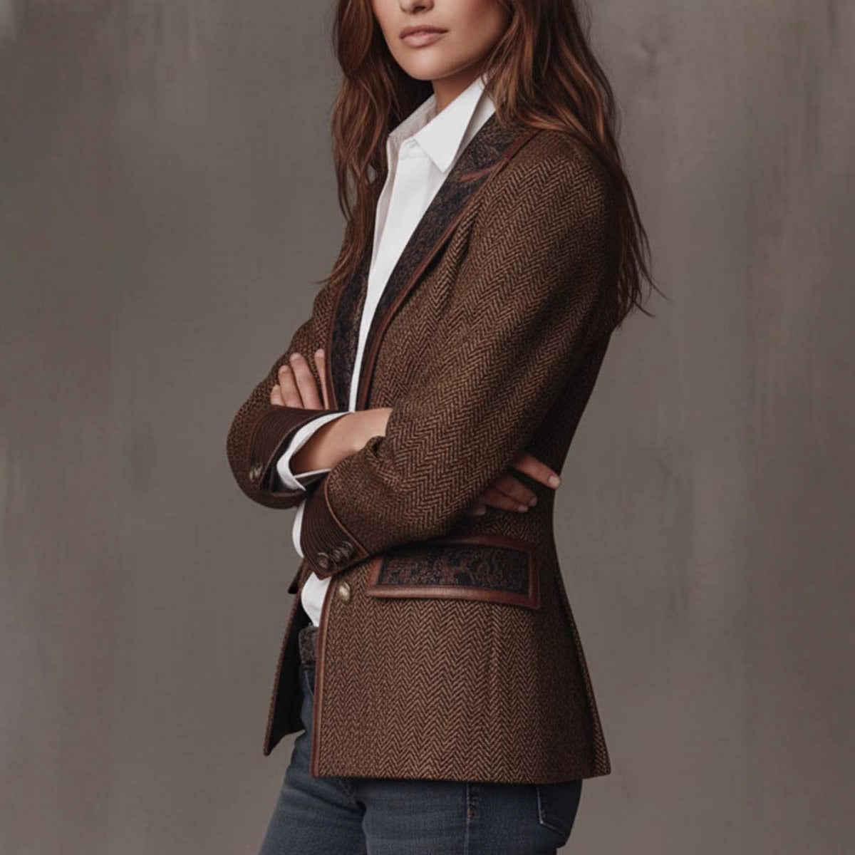 French Retro Color-Block Wool Coat With A Suit Collar