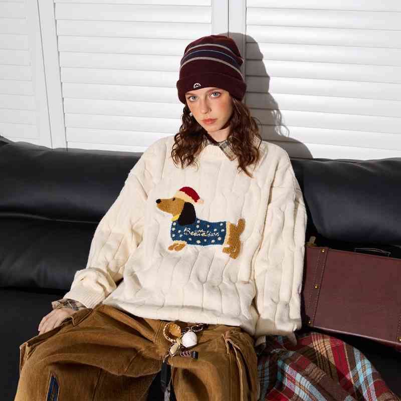 Sausage Puppy Embroidered Round Neck Sweater Women's Loose Sweater
