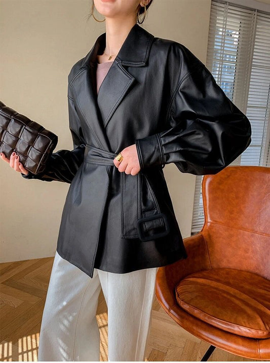 Loose Belt Small Leather Jacket