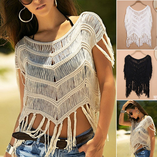 Bohemian Beach Cover-up Hollow Hand Crocheting Tassel Patchwork Top