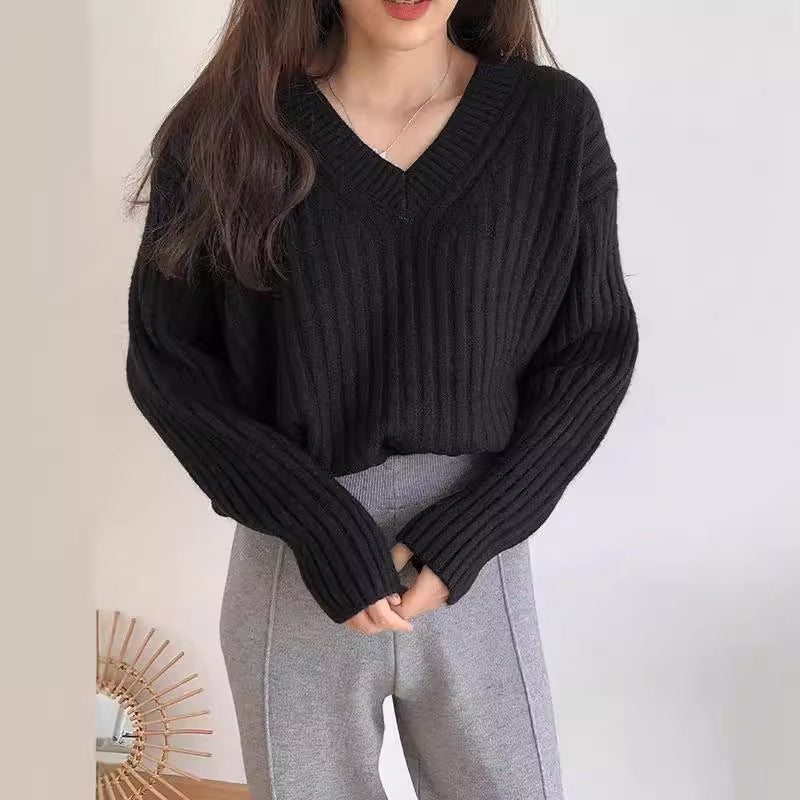 Retro V-neck Pullover Women's Loose Sweater