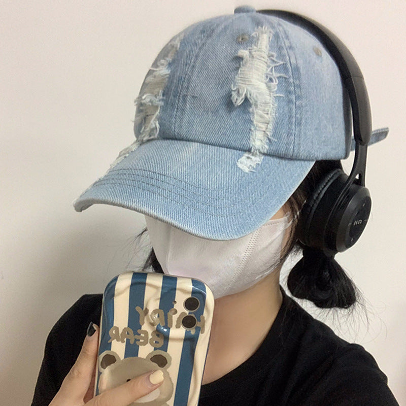 Sommer Koreansk Stil Denim "Make Old" Revnet Kasket