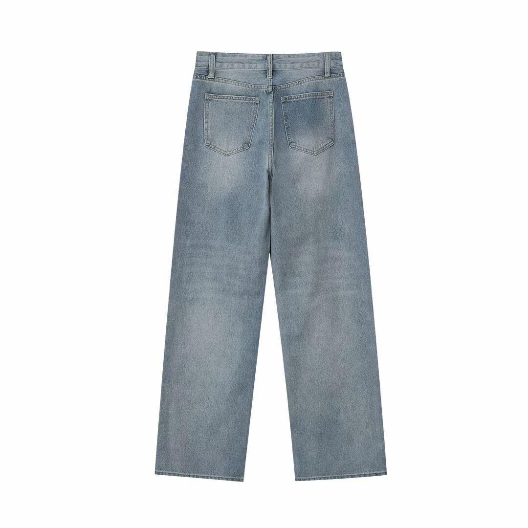 Spring And Autumn New Casual Wide-leg Mid-waist Straight Jeans For Women