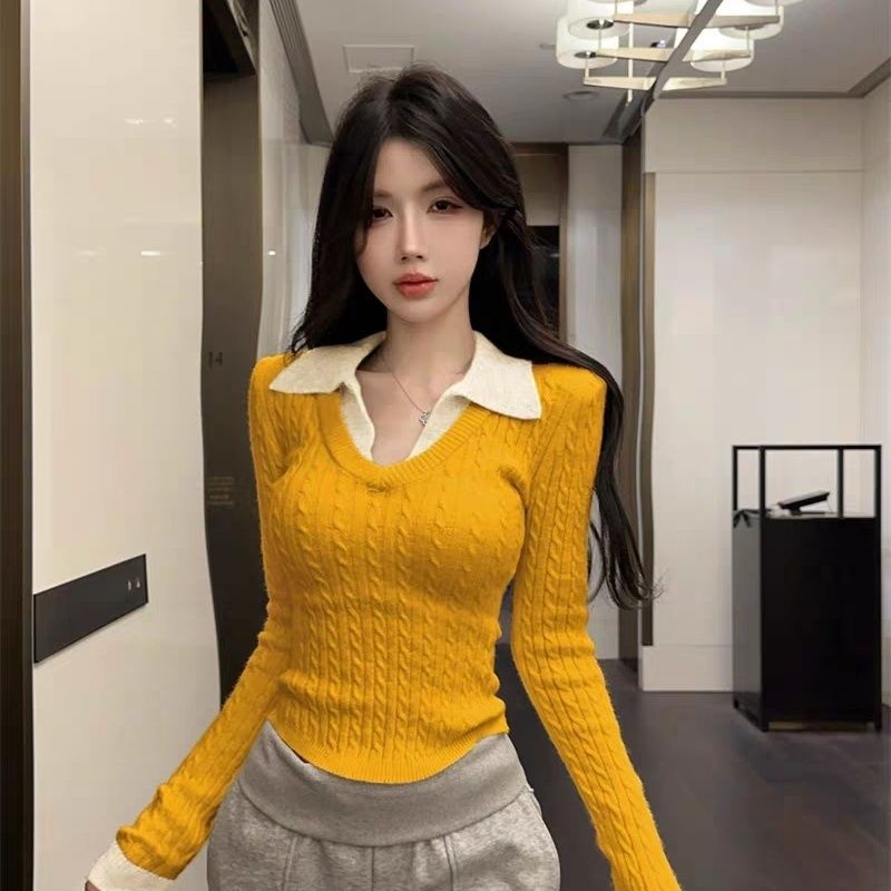 Preppy-style Mock Two-piece Polo-neck Knit Top