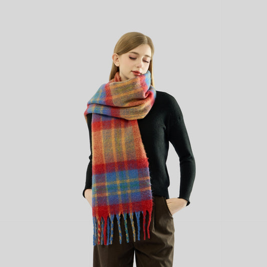 Mohair Rainbow Plaid Fringe Thickened Warm Scarf