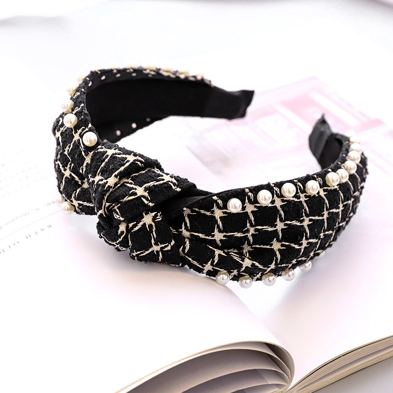 Pearl Headband Classic Ethnic Plaid Fabric