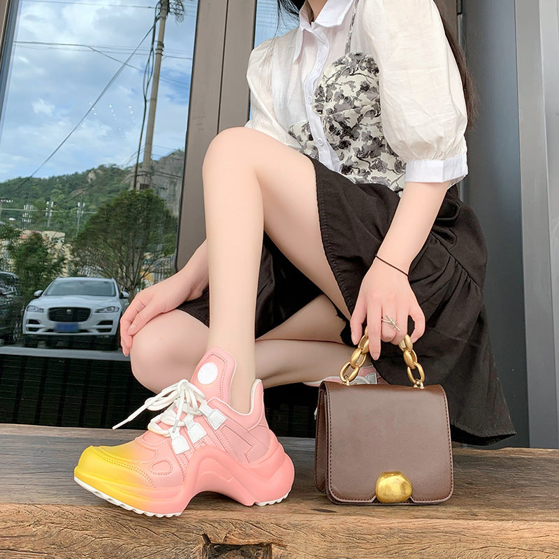 Height-enhancing Sponge Cake Thick-soled Breathable Color-blocking Bow Sports Shoes