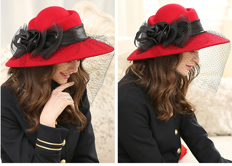 Large Eaves Wool Felt Wool Hat Autumn And Winter Banquet Ladies Warm Mesh Yarn