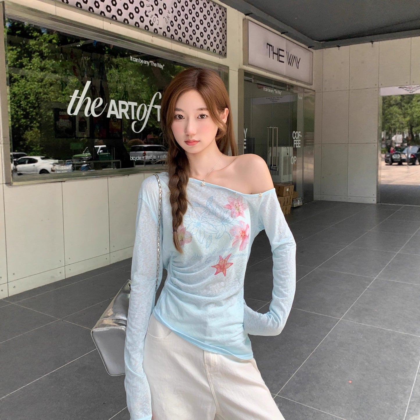 Sweet Floral Print Off-Shoulder Sheer Blouse Long-Sleeve T-Shirt Womens Sun-Protective Off-Shoulder Top