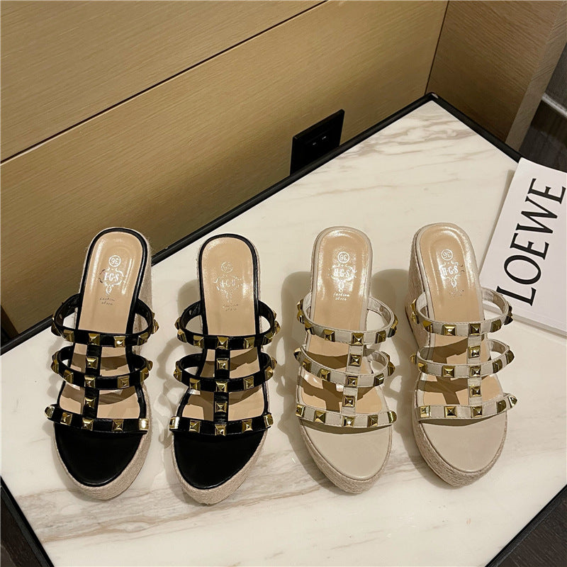 New Korean Rivet Straw Wedges For Women's Shoes