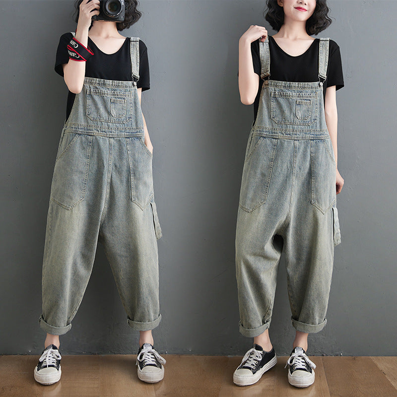 Washed Suspender Loose Denim Overalls