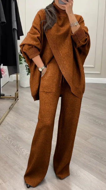V-neck Single-breasted Slim-fit Knitwear Two-piece Set