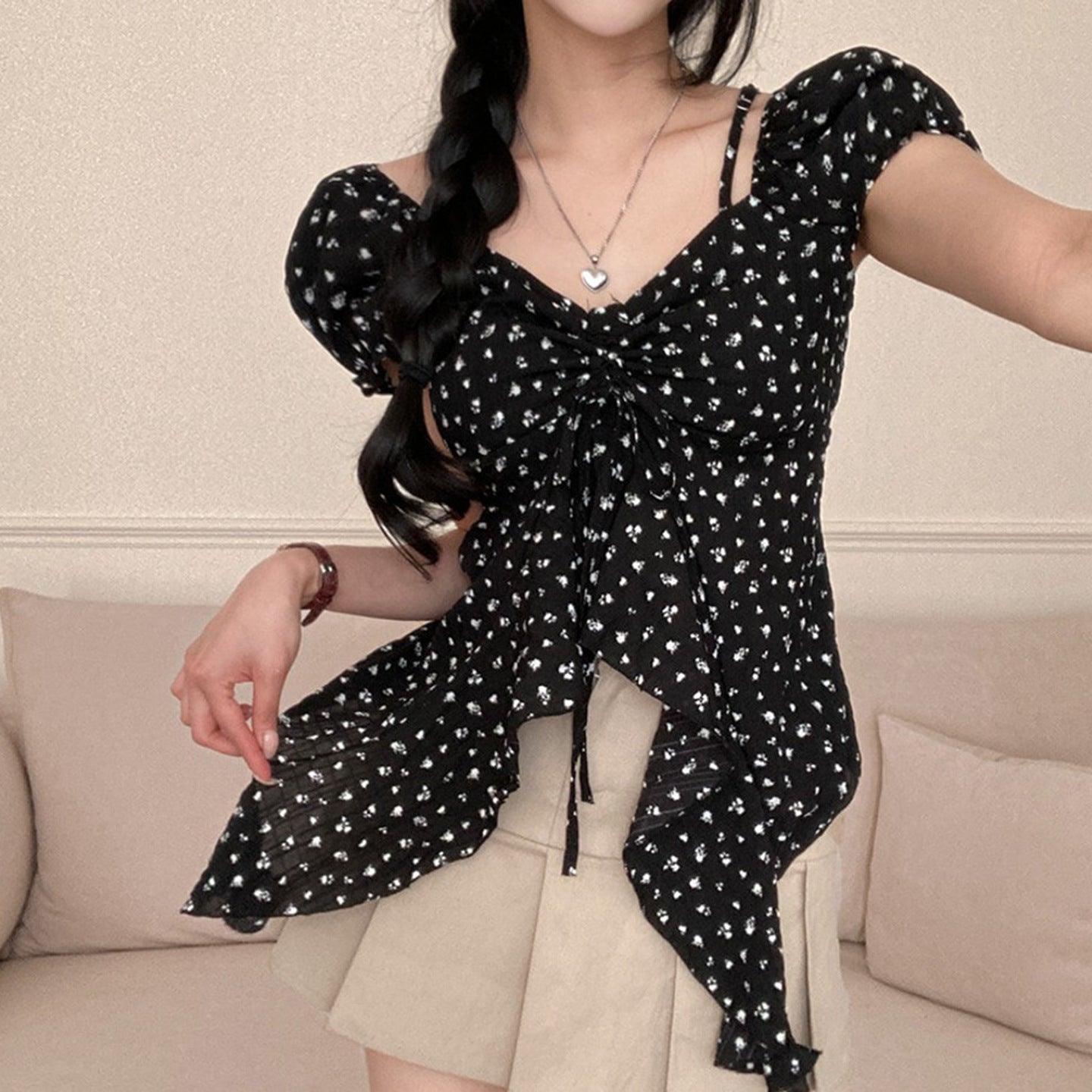 New Womens French-style Floral Asymmetrical Top