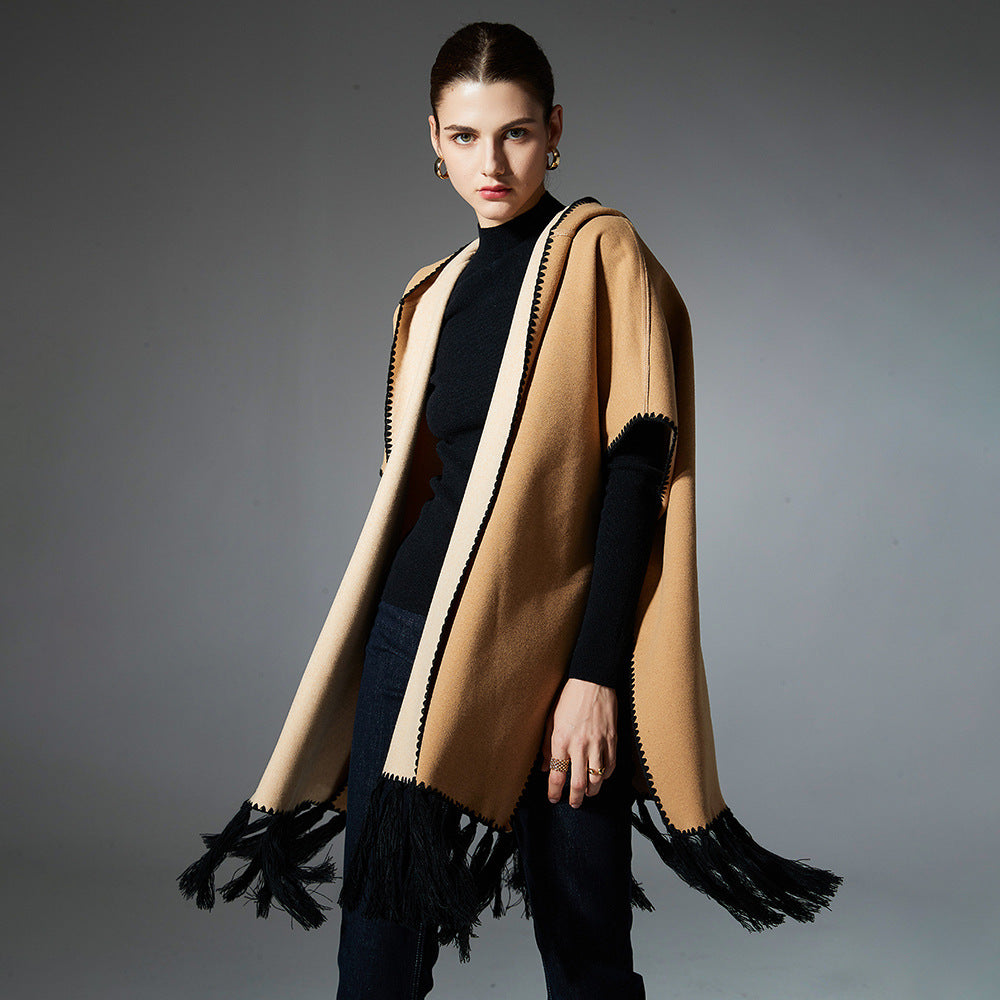 Autumn And Winter Solid Color Tassel Hoodie Cloak Shawl