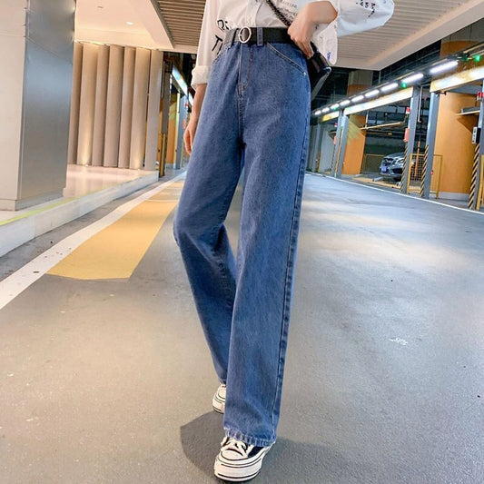 Wide-leg Jeans Dame High Waist Slankende Faldende Nye Efterår Mørkeblå Mavestrammende Høj Løs Lige Gulvlange Bukser