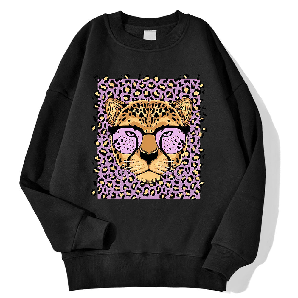 Afslappet løs sweatshirt med fleecefor til kvinder med leopardprint
