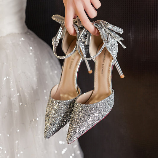 European And American Adult Banquet Sequined Bow Elegant Lady Fairy Buckle Closed Toe Women's High Heels