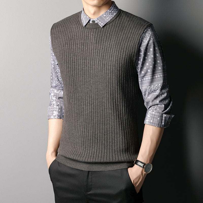 Autumn Men's Business Knitted Vest Stitching Top Fake Two Piece Sweater